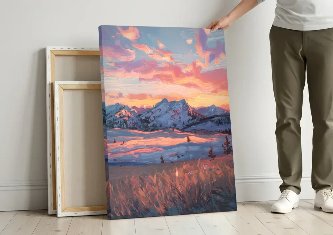 Bozeman Sunset Horizon canvas wall art leaning against a wall next to blank canvases