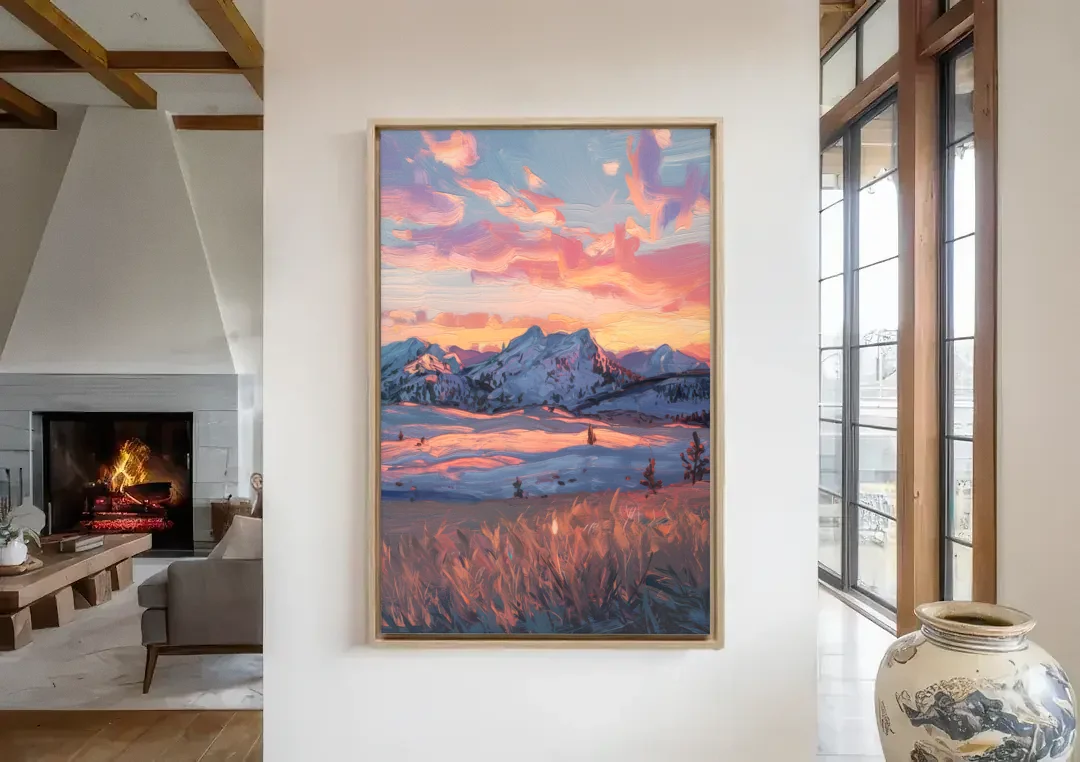 Bozeman Sunset Horizon canvas wall art in a living room with a fireplace