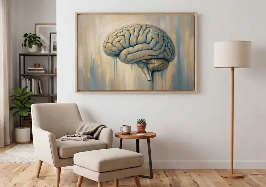 Brain Wall Art in Dusty Blue and Gold Leaf canvas wall art above an armchair in a bright living room