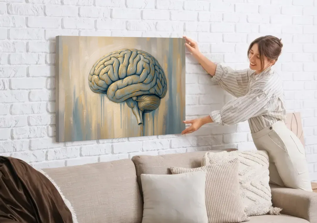 Brain Wall Art in Dusty Blue and Gold Leaf canvas wall art being hung on a white brick wall above a sofa