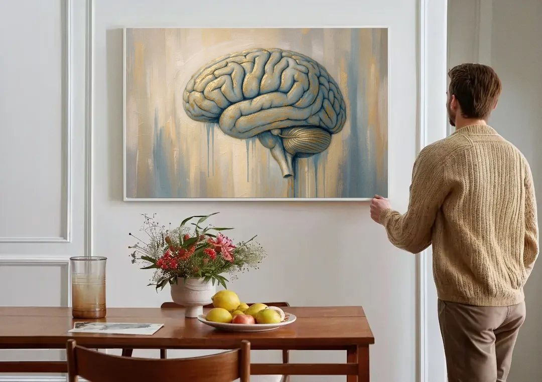 Brain Wall Art in Dusty Blue and Gold Leaf canvas wall art above a dining table