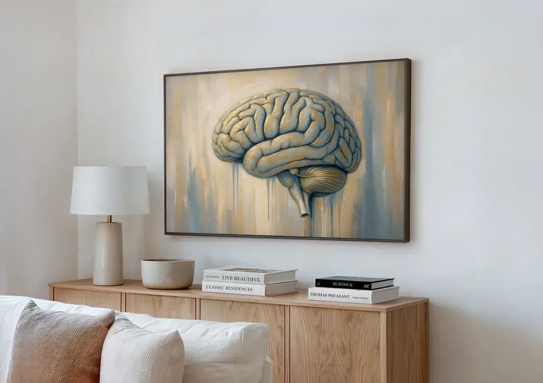 Brain Wall Art in Dusty Blue and Gold Leaf canvas wall art above a wooden sideboard next to a sofa