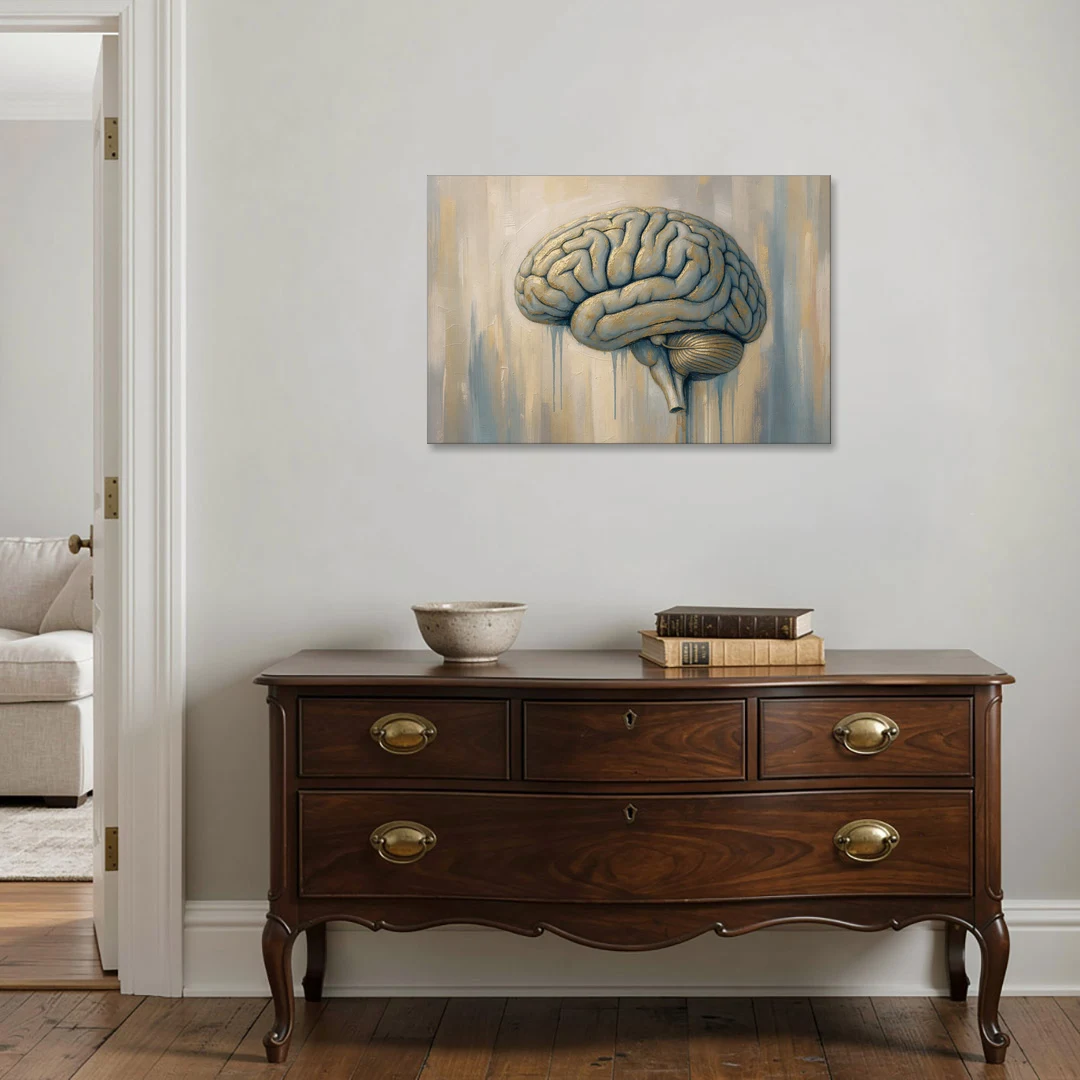 Brain Wall Art in Dusty Blue and Gold Leaf - Canvas Wall Art - Coffee Table - 36x24