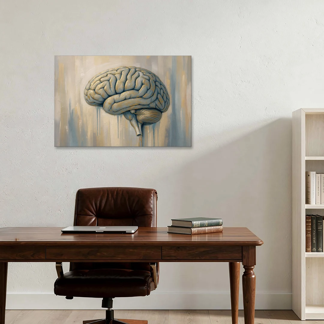 Brain Wall Art in Dusty Blue and Gold Leaf - Canvas Wall Art - Office - 36x24