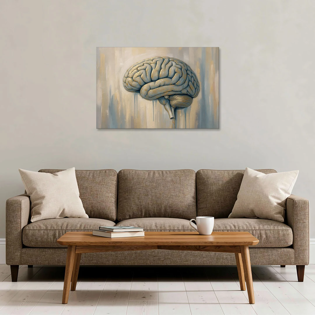 Brain Wall Art in Dusty Blue and Gold Leaf - Canvas Wall Art - Sofa - 36x24