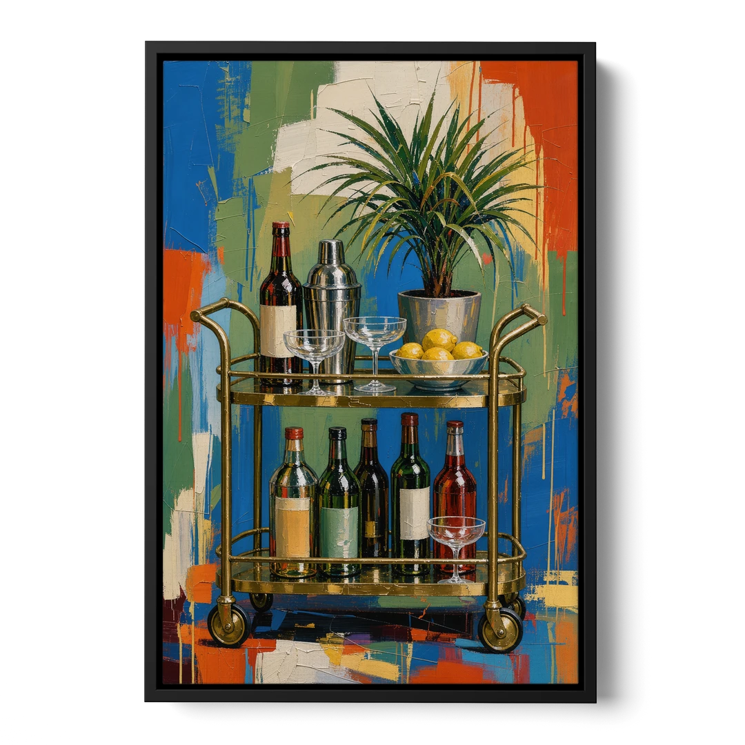 Brass Bar Cart with Lemons for the Home Bar - Black Framed Canvas Wall Art - Front
