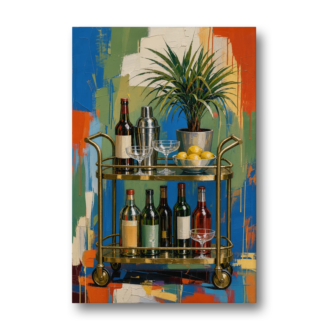 Brass Bar Cart with Lemons for the Home Bar - Canvas Wall Art - Front