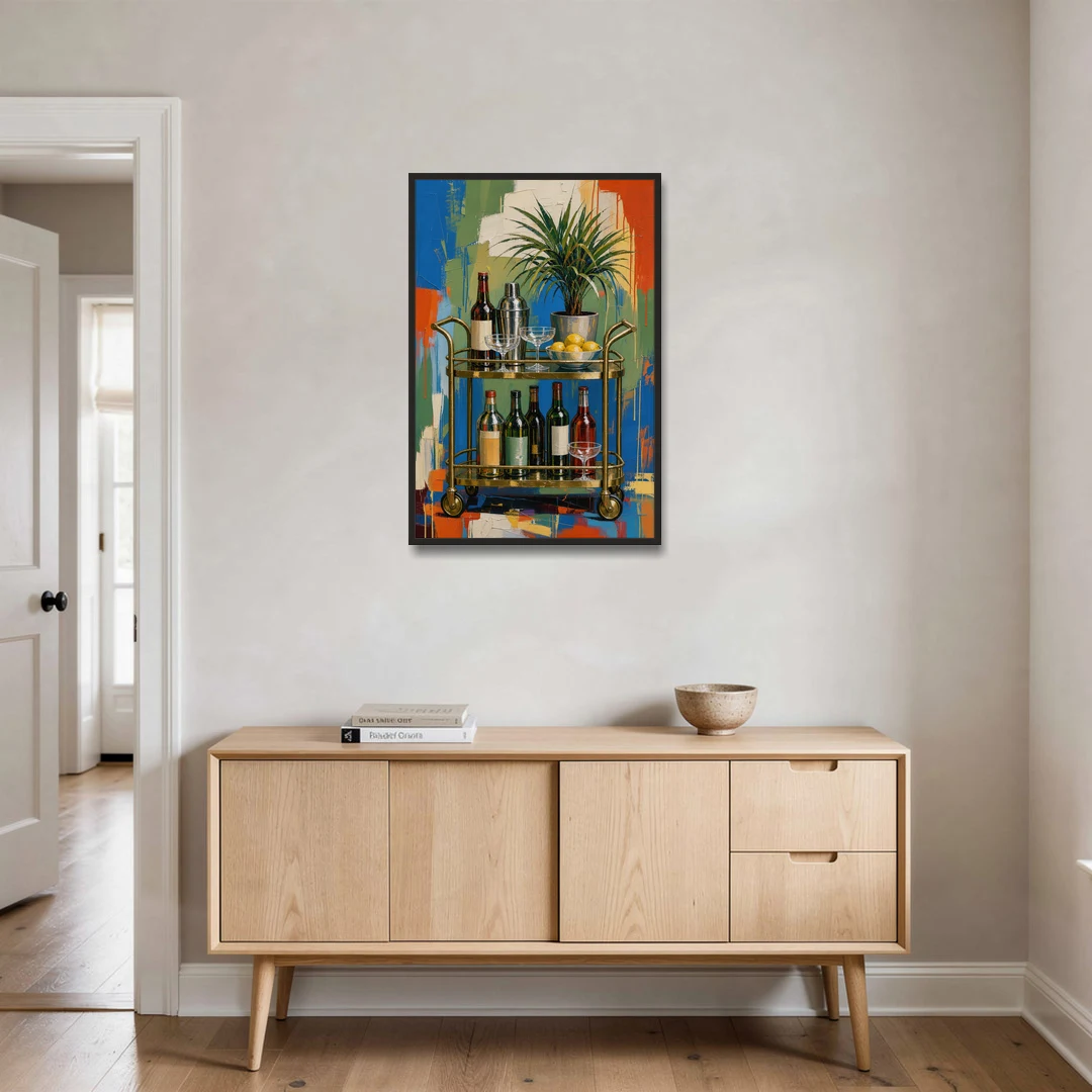 Brass Bar Cart with Lemons for the Home Bar - Black Framed Canvas Wall Art - Coffee Table - 24x36