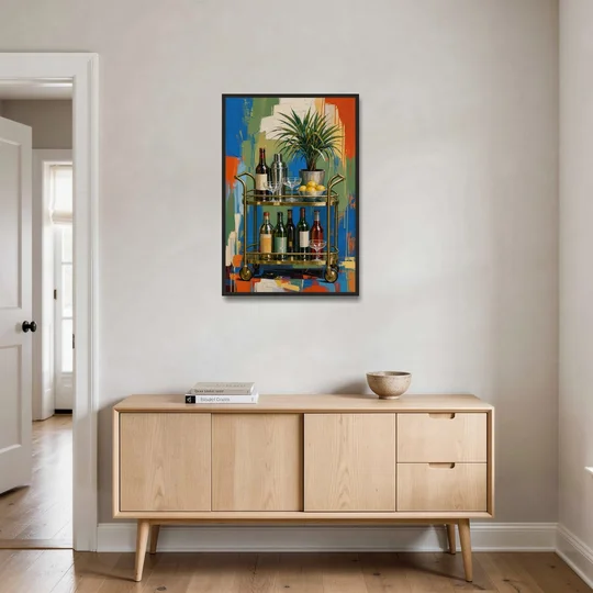 Brass Bar Cart with Lemons for the Home Bar - Black Framed Canvas Wall Art - Coffee Table - 24x36