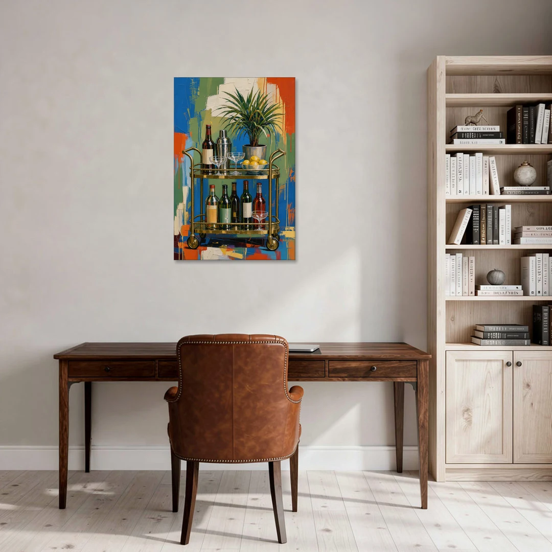 Brass Bar Cart with Lemons for the Home Bar - Canvas Wall Art - Office - 24x36