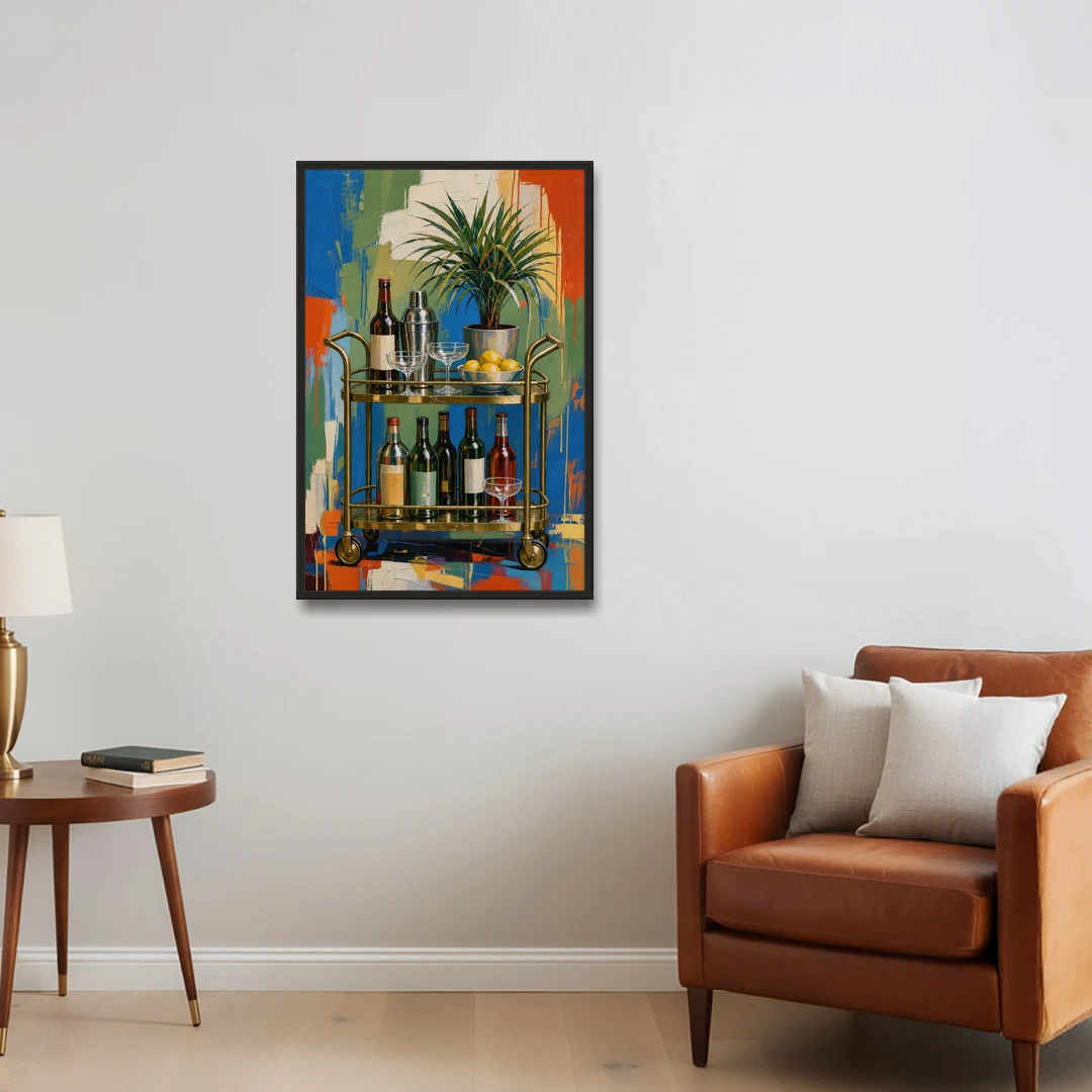Brass Bar Cart with Lemons for the Home Bar - Black Framed Canvas Wall Art - Sofa - 24x36