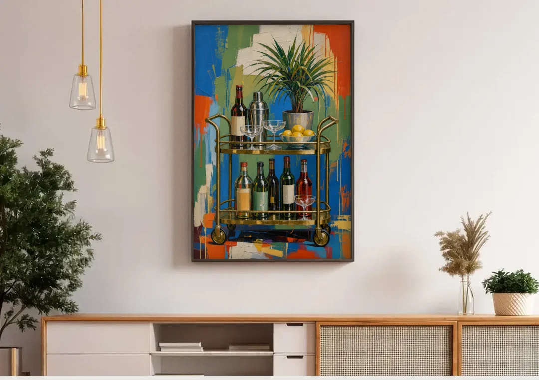 Brass Bar Cart with Lemons for the Home Bar canvas wall art above a wooden sideboard under pendant lights