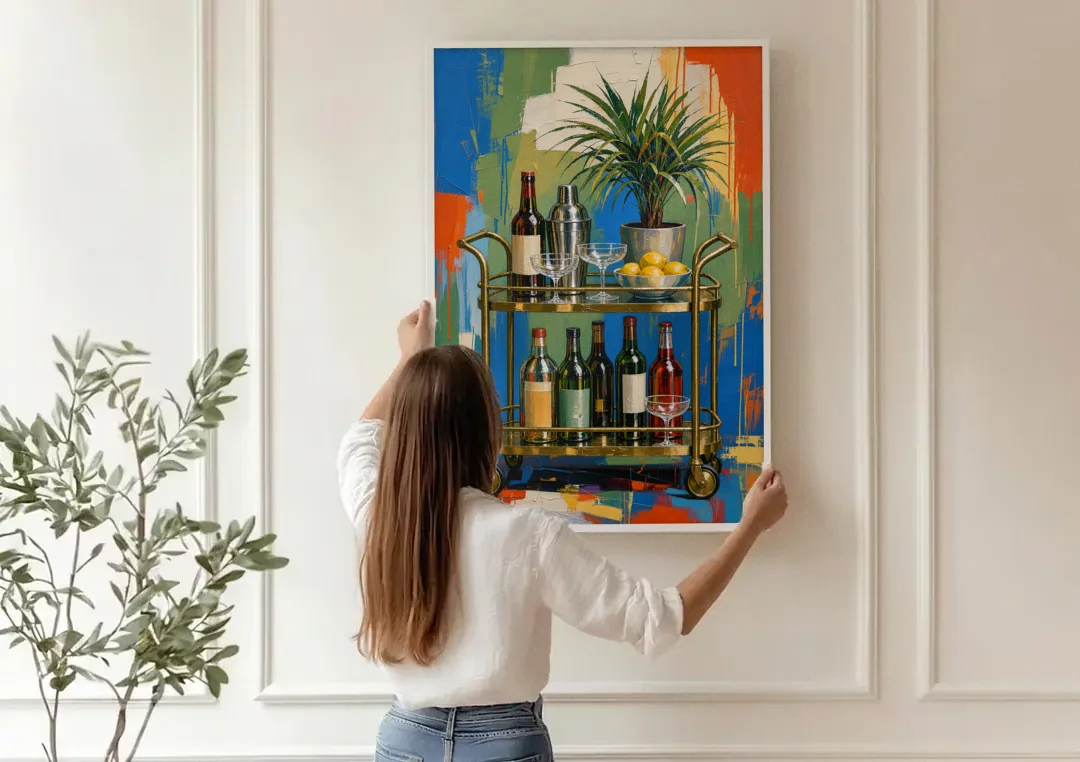 Brass Bar Cart with Lemons for the Home Bar canvas wall art being hung on a paneled wall