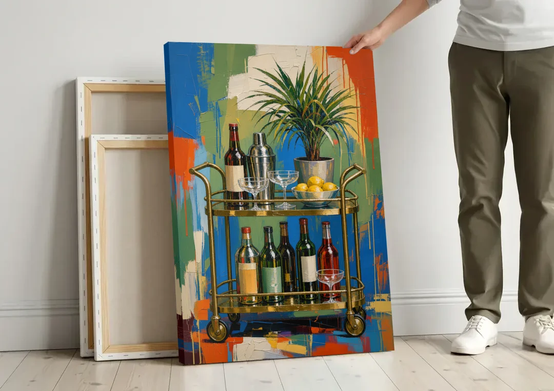 Brass Bar Cart with Lemons for the Home Bar canvas wall art leaning against a wall next to blank canvases