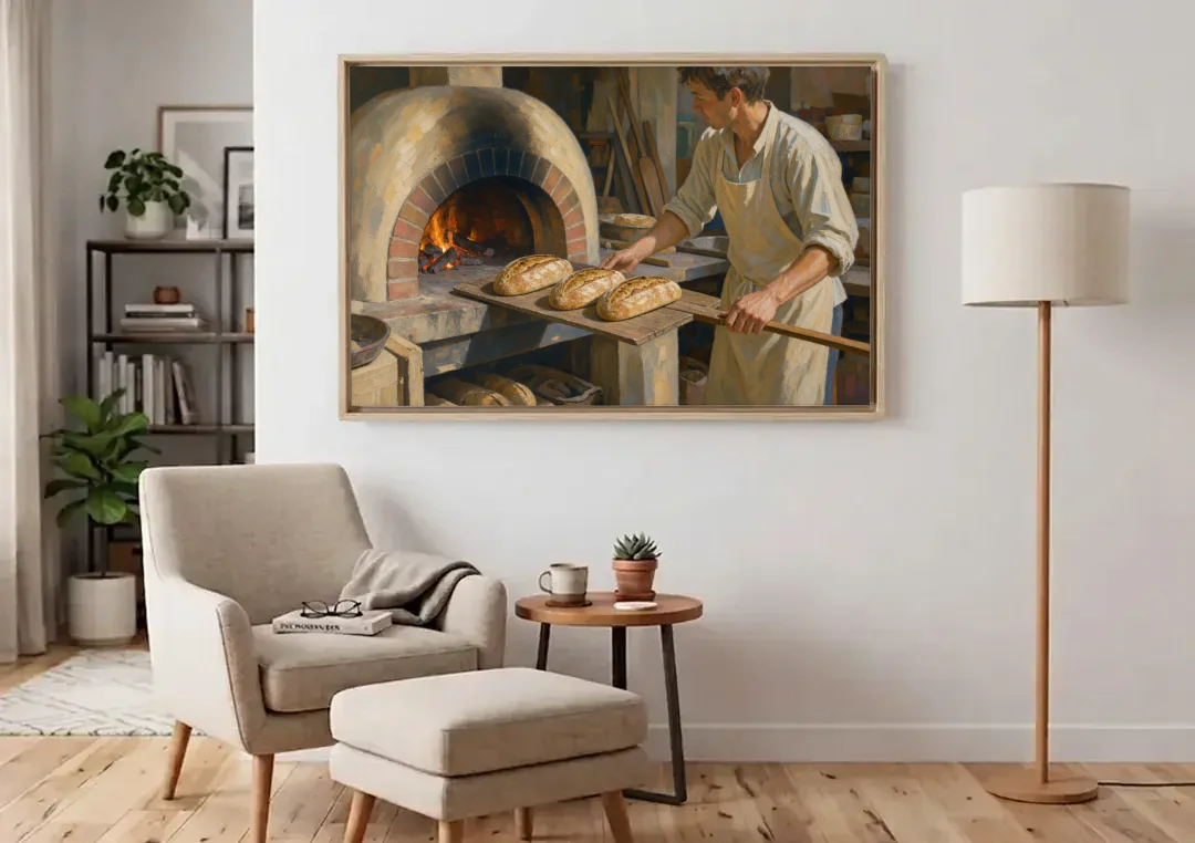 Bread Painting of the Wood Fired Oven canvas wall art above an armchair in a bright living room