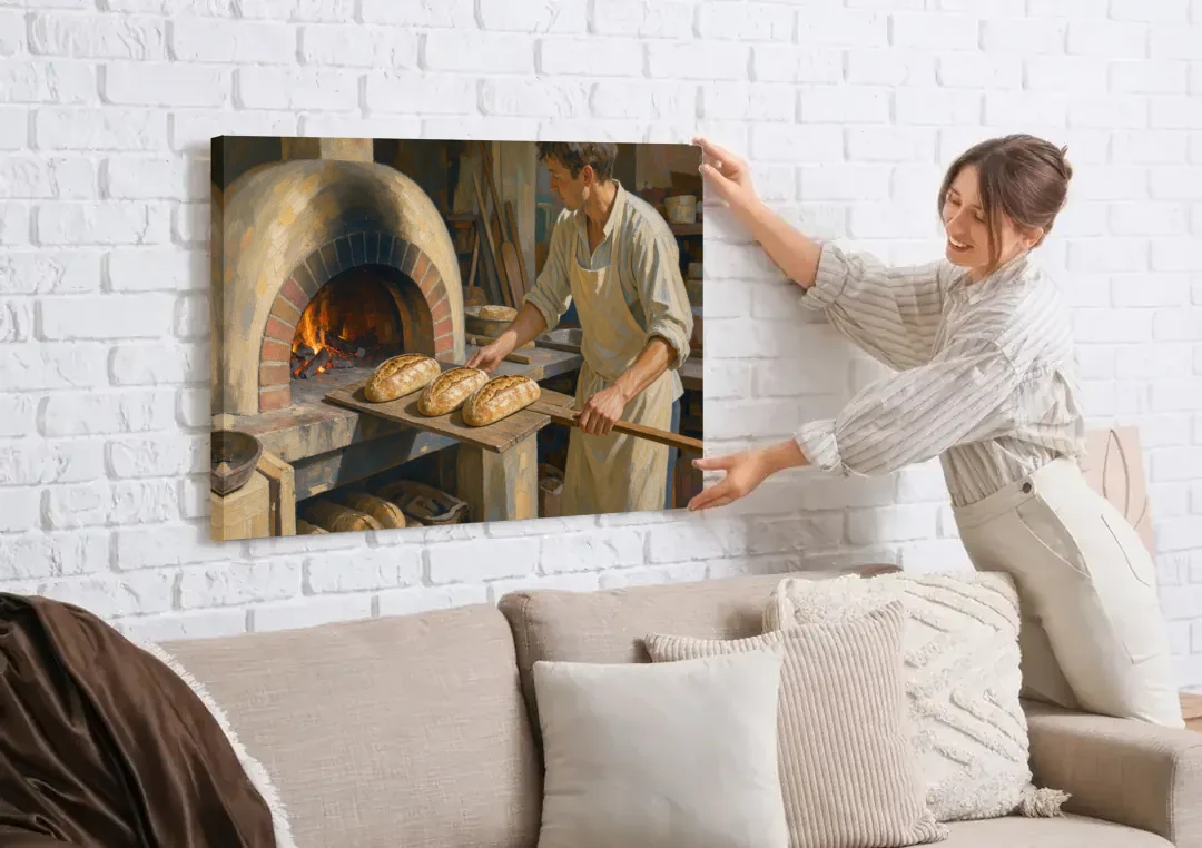 Bread Painting of the Wood Fired Oven canvas wall art being hung on a white brick wall above a sofa