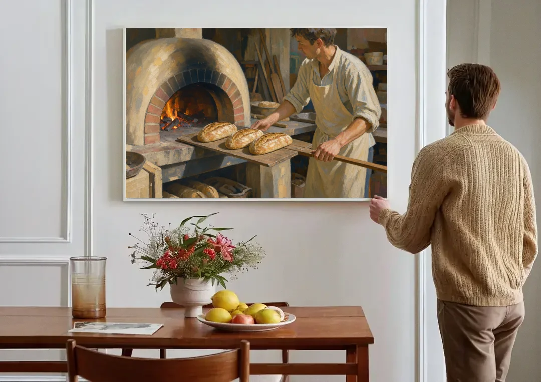Bread Painting of the Wood Fired Oven canvas wall art above a dining table