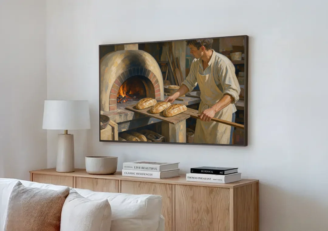 Bread Painting of the Wood Fired Oven canvas wall art above a wooden sideboard next to a sofa