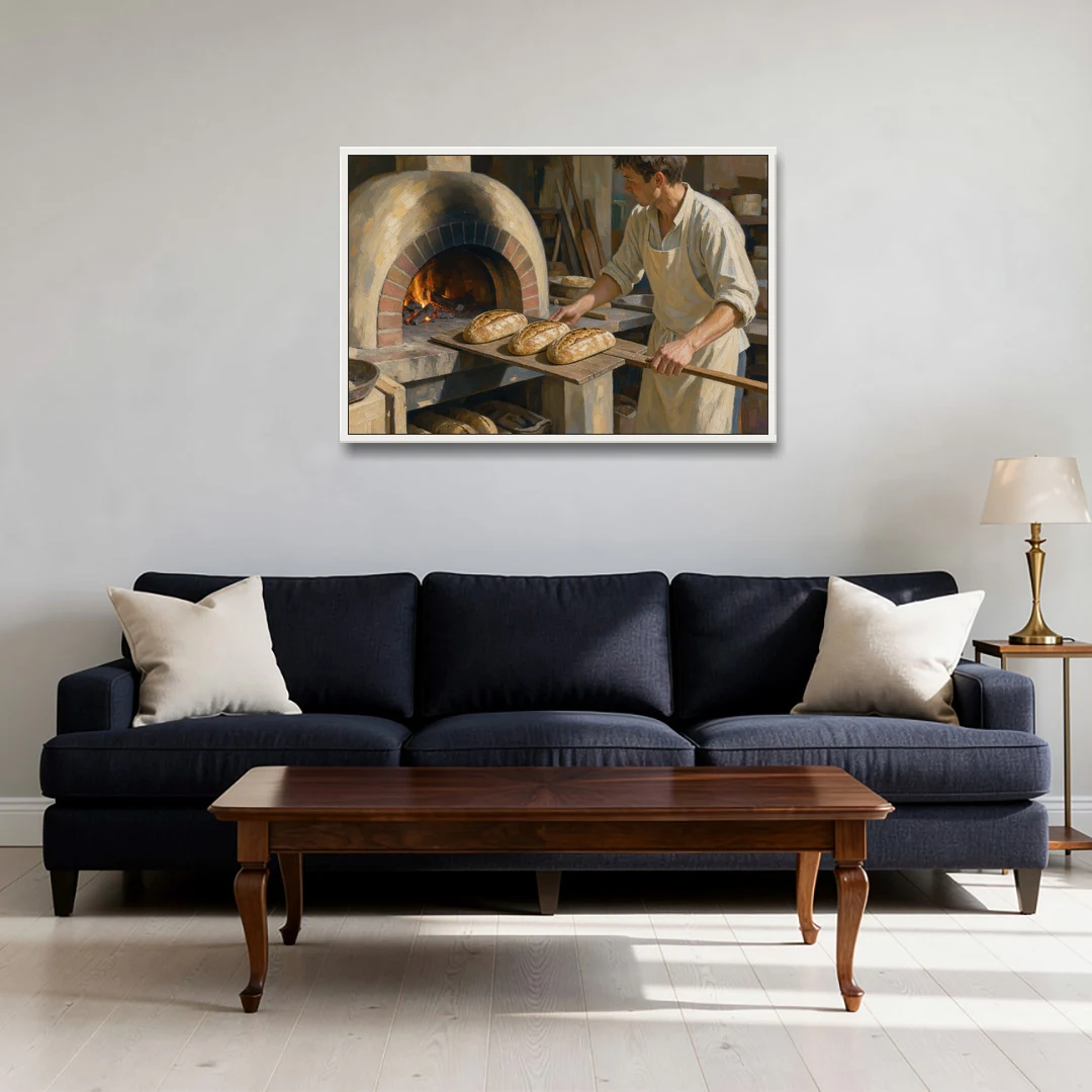 Bread Painting of the Wood Fired Oven - White Framed Canvas Wall Art - Sofa - 36x24