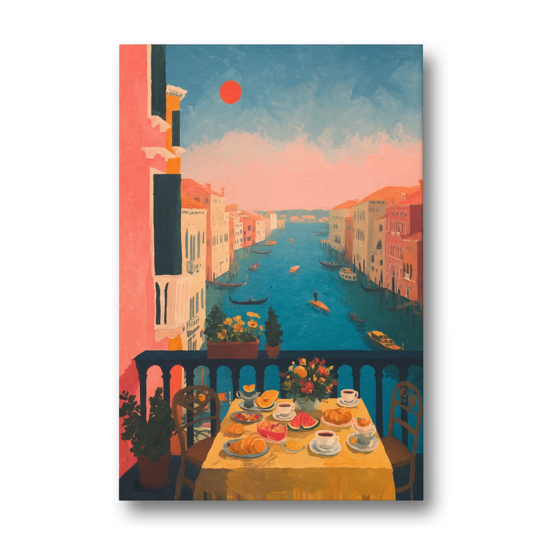 Breakfast Painting on a Venice Balcony - Canvas Wall Art - Front