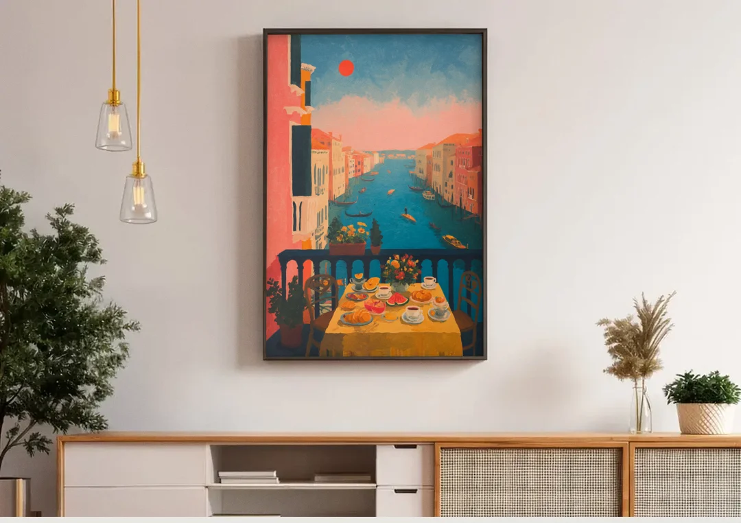 Breakfast Painting on a Venice Balcony canvas wall art above a wooden sideboard under pendant lights