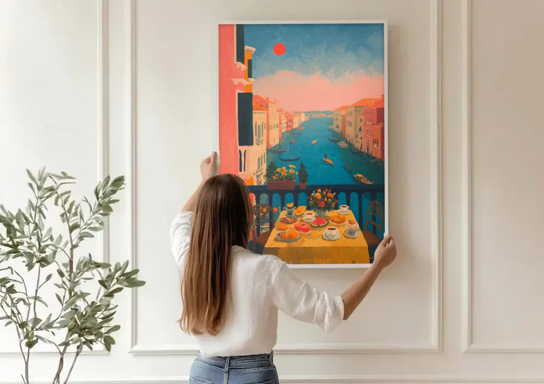 Breakfast Painting on a Venice Balcony canvas wall art being hung on a paneled wall