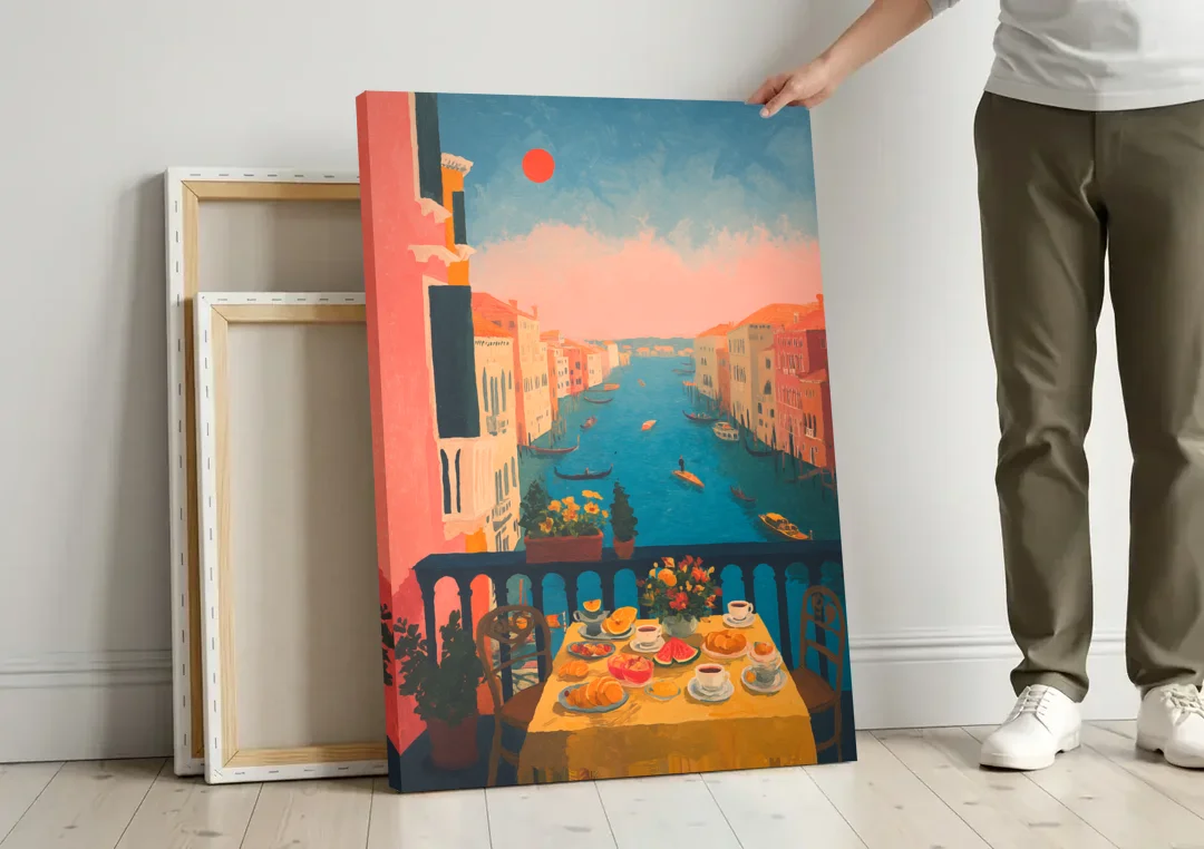 Breakfast Painting on a Venice Balcony canvas wall art leaning against a wall next to blank canvases