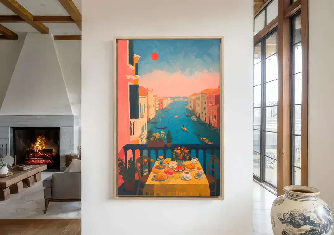 Breakfast Painting on a Venice Balcony canvas wall art in a living room with a fireplace
