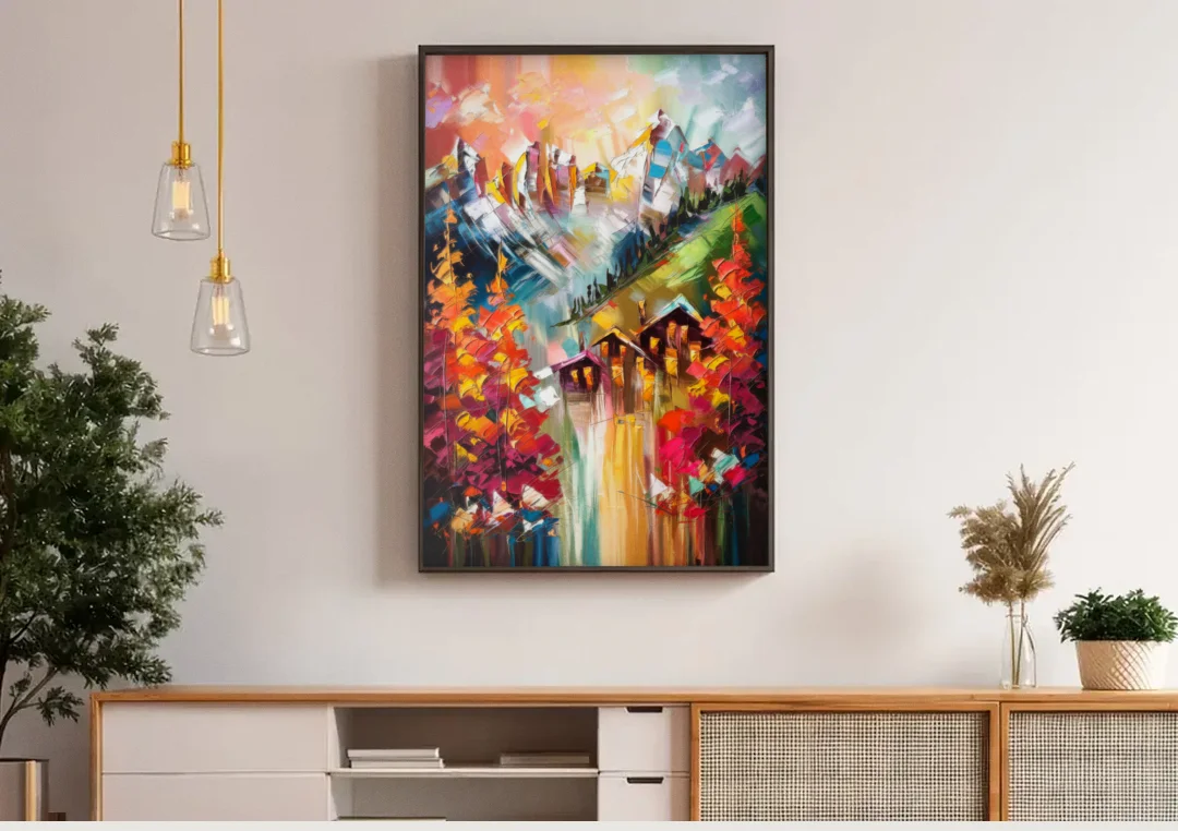Breckenridge Alpine Landscape canvas wall art above a wooden sideboard under pendant lights