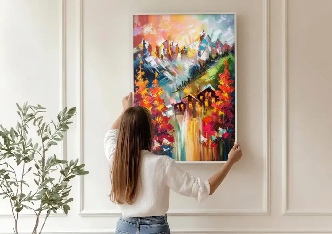 Breckenridge Alpine Landscape canvas wall art being hung on a paneled wall