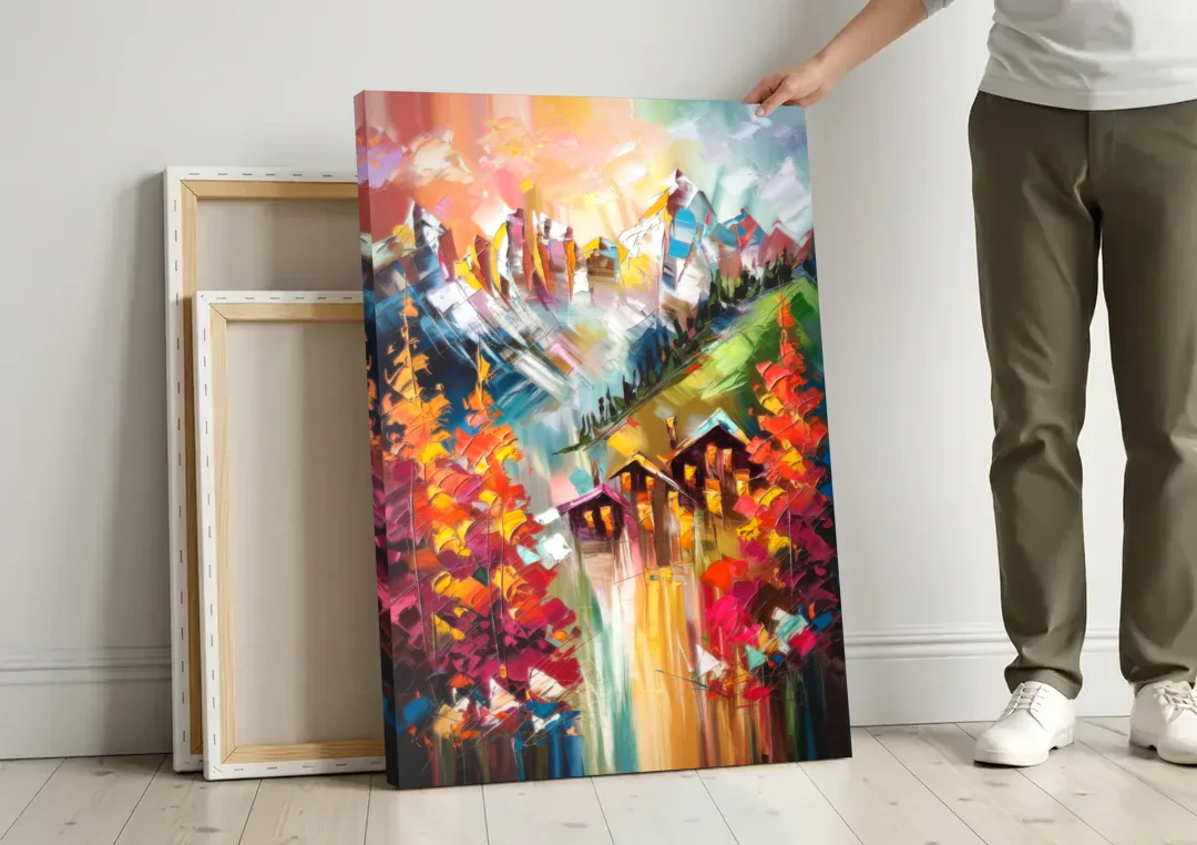 Breckenridge Alpine Landscape canvas wall art leaning against a wall next to blank canvases