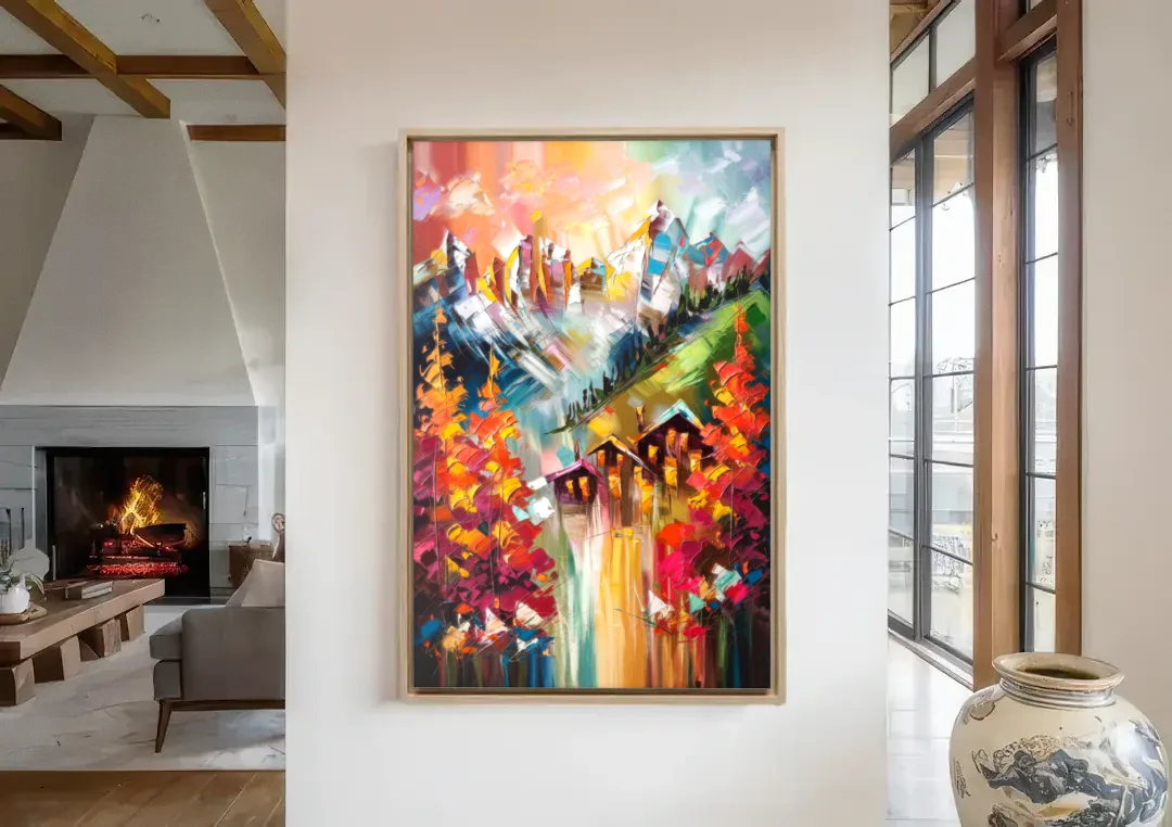 Breckenridge Alpine Landscape canvas wall art in a living room with a fireplace