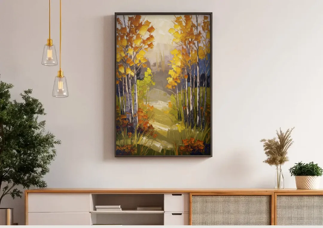 Breckenridge Aspen Forest Autumn canvas wall art above a wooden sideboard under pendant lights
