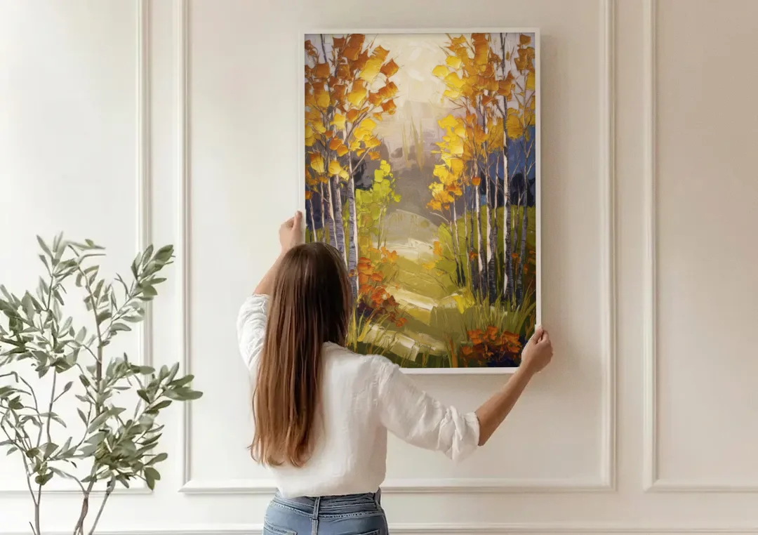 Breckenridge Aspen Forest Autumn canvas wall art being hung on a paneled wall