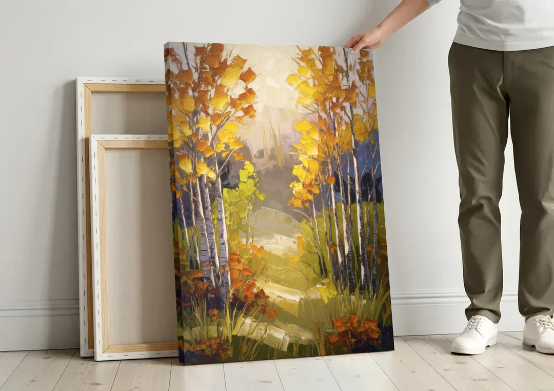Breckenridge Aspen Forest Autumn canvas wall art leaning against a wall next to blank canvases