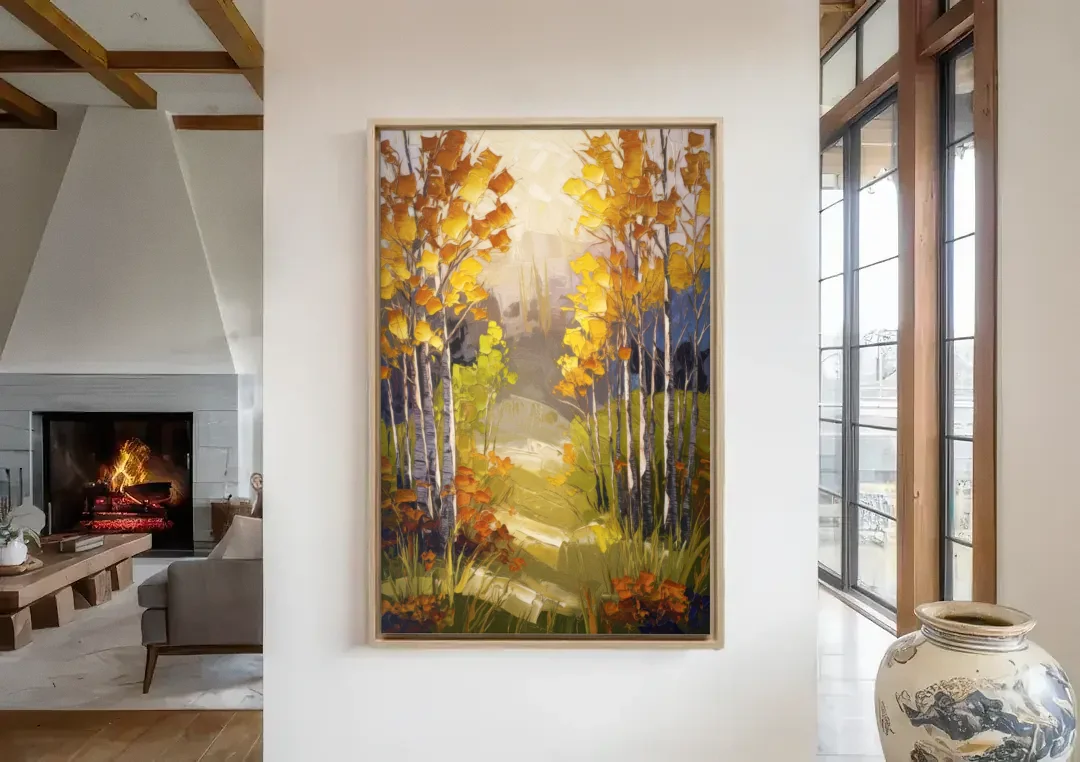 Breckenridge Aspen Forest Autumn canvas wall art in a living room with a fireplace