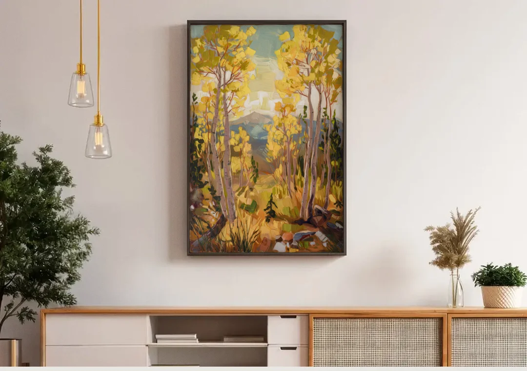 Breckenridge Aspen Forest canvas wall art above a wooden sideboard under pendant lights