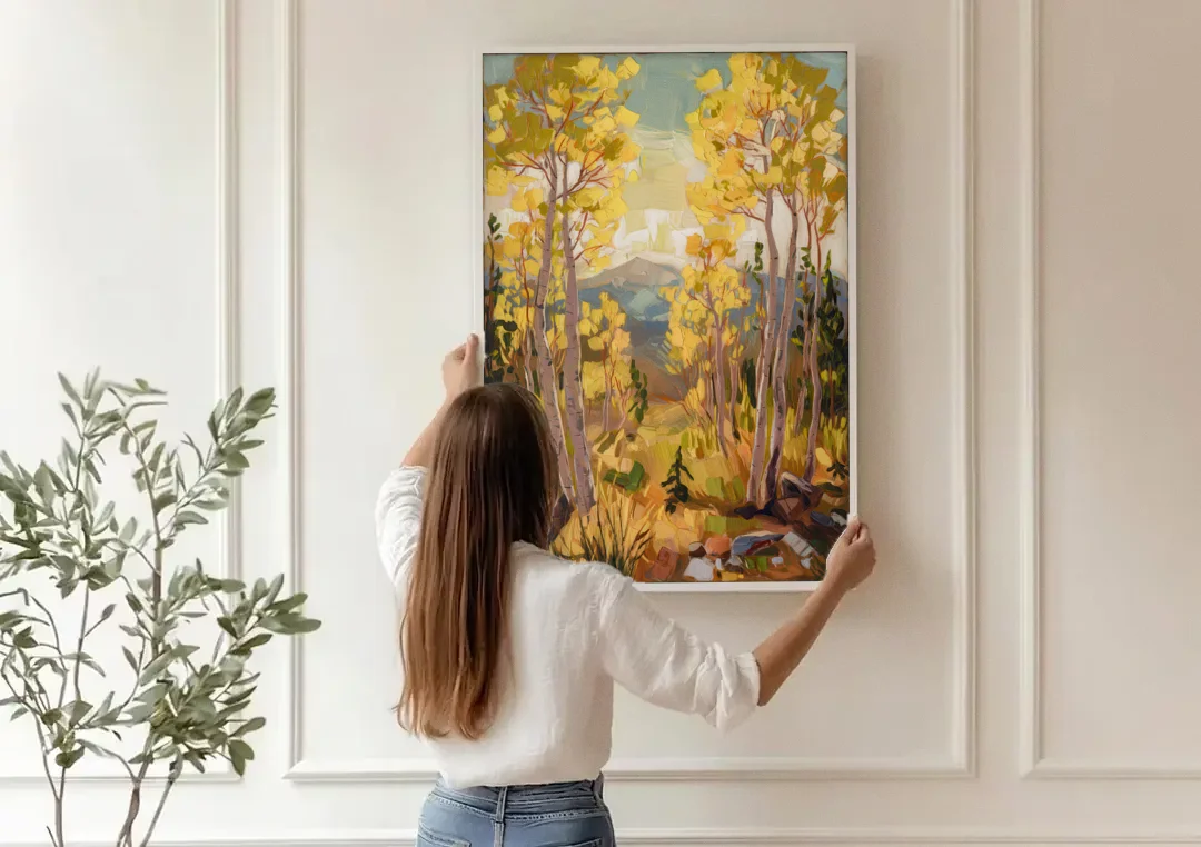 Breckenridge Aspen Forest canvas wall art being hung on a paneled wall