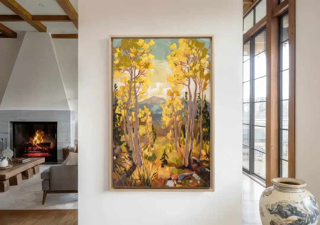 Breckenridge Aspen Forest canvas wall art in a living room with a fireplace