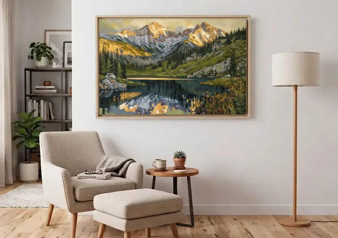 Breckenridge Colorado Rockies canvas wall art above an armchair in a bright living room