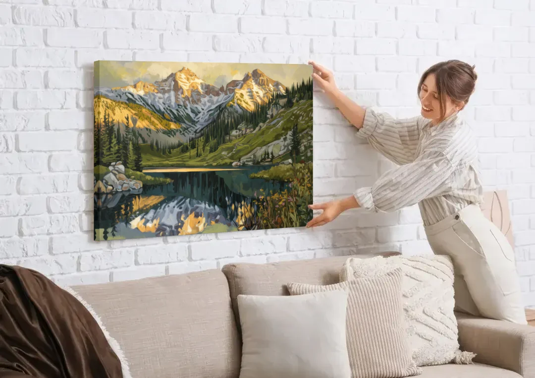 Breckenridge Colorado Rockies canvas wall art being hung on a white brick wall above a sofa