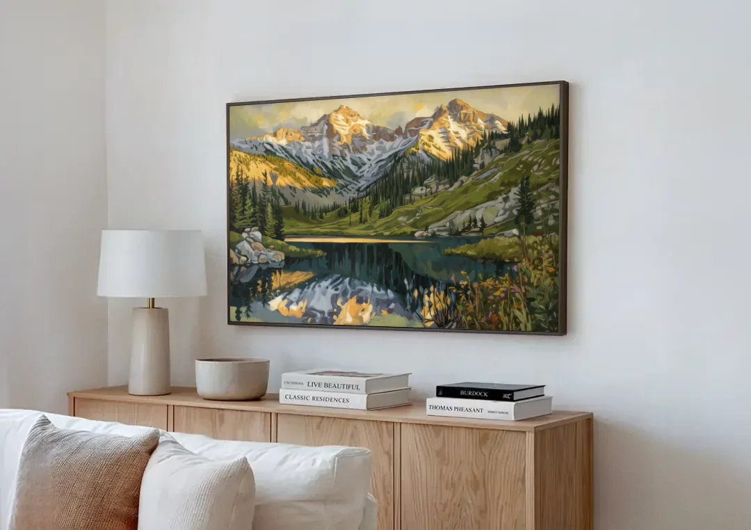 Breckenridge Colorado Rockies canvas wall art above a wooden sideboard next to a sofa