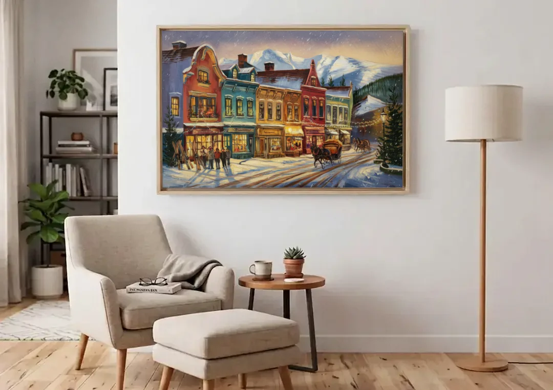 Breckenridge Historic Downtown canvas wall art above an armchair in a bright living room