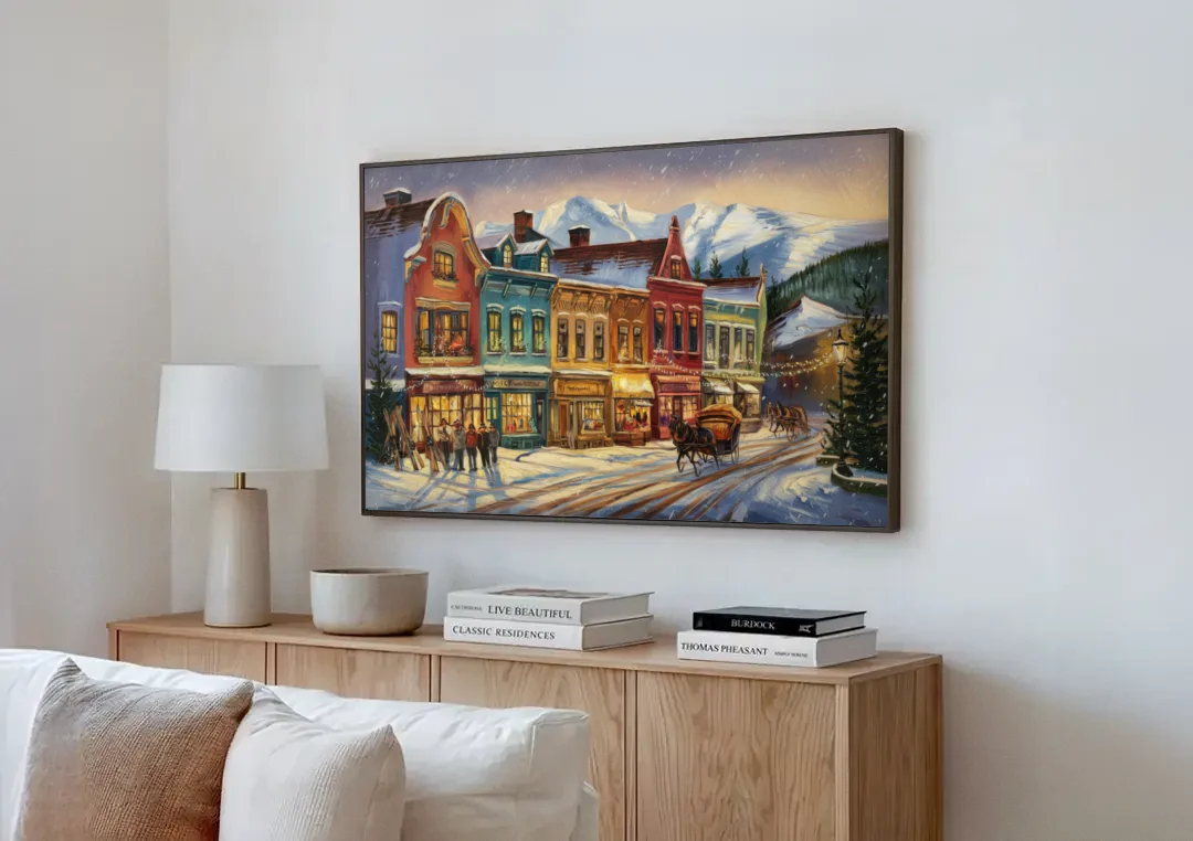 Breckenridge Historic Downtown canvas wall art above a wooden sideboard next to a sofa