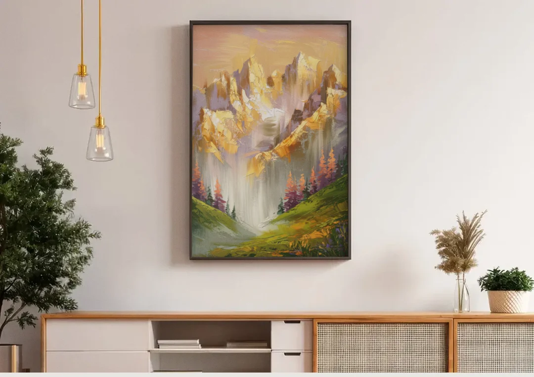 Breckenridge Mountain Sunrise canvas wall art above a wooden sideboard under pendant lights