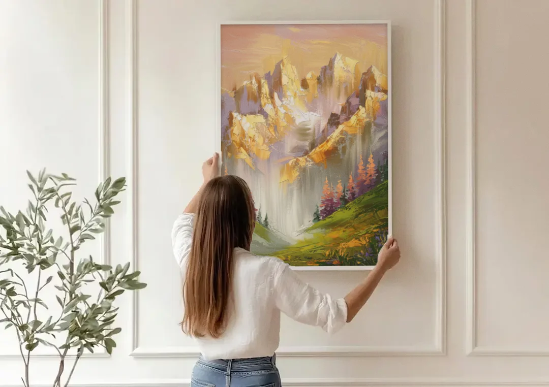 Breckenridge Mountain Sunrise canvas wall art being hung on a paneled wall
