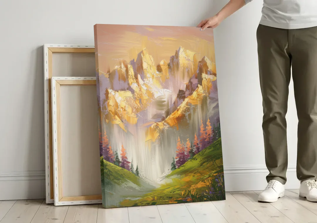Breckenridge Mountain Sunrise canvas wall art leaning against a wall next to blank canvases