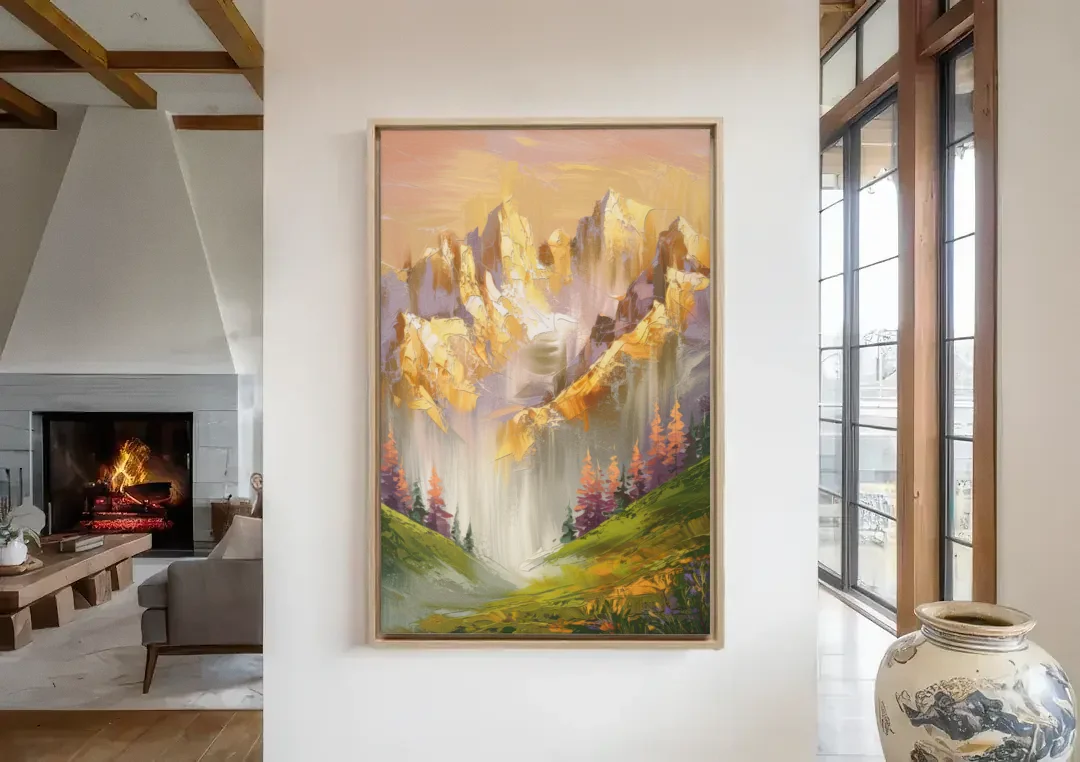 Breckenridge Mountain Sunrise canvas wall art in a living room with a fireplace