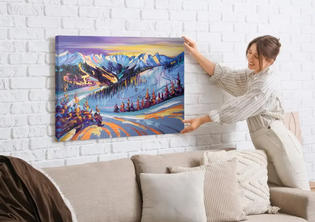 Breckenridge Scenic Trails canvas wall art being hung on a white brick wall above a sofa