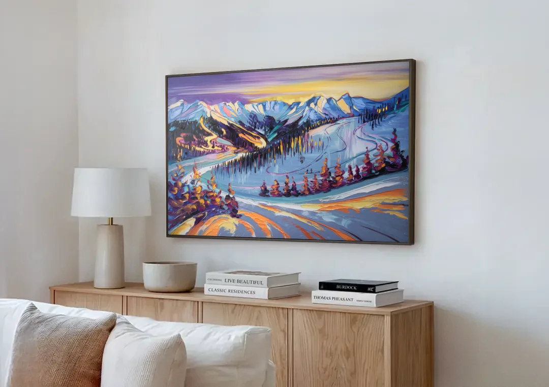 Breckenridge Scenic Trails canvas wall art above a wooden sideboard next to a sofa
